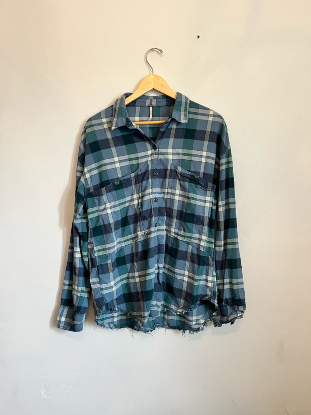 Free People Green and Blue Plaid Button-Down Shirt